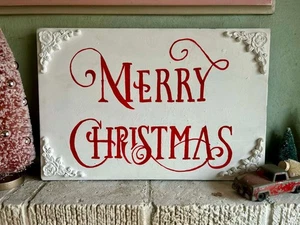 "MERRY CHRISTMAS" SIGN PRIMITIVE SHABBY~scrolled wooden appliques~Hand Painted! - Picture 1 of 5