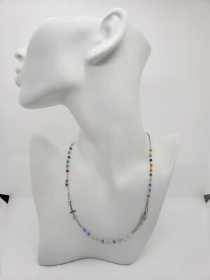 COLLANA ROSARIO RELIGIOSO  IN ARGENTO 925 CON SFERE DI VETRO COLORATO   (0292) - Immagine 1 di 4