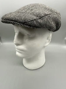 VINTAGE Grey Hat Chevron Cotton Flat Cap Peaky Blinders Size 7 1/ Mens 58cm - Picture 1 of 9