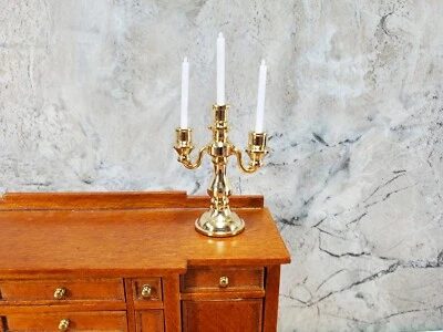 HANDLEY HOUSE Dollhouse 3 Arm Candelabra Gold Metal 1:12 Scale Miniature Candle Holder