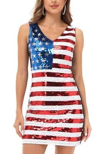 V-Neck Sleeveless USA Patriotic Glitter Tank Dress American Flag Sequin Dress - Picture 1 of 6