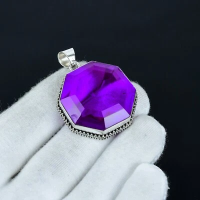 Amethyst Edelstein Anhänger Handgemacht 925 Sterling Silberkette Damen Geschenke - Bild 1 von 4