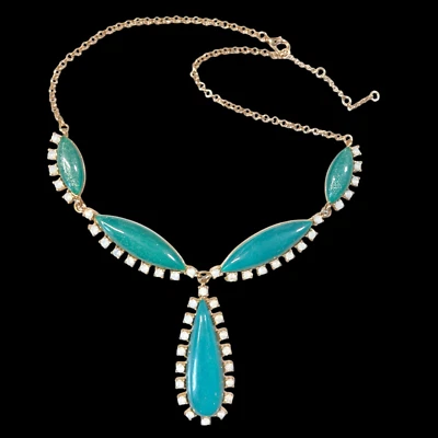 Statement Chunky Y Necklace Teal Sparkle Acrylic? Stones Rhinestones Gold Tone - Image 1 of 4