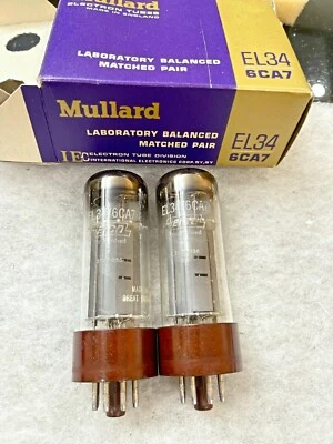 Mullard EL34 6CA7 xf1 Base Marrón Graso OO Getter Nuevo de Lote Antiguo Valor de Prueba Par Igualado Foto 1 de 4