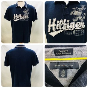 TOMMY HILFIGER Shirt Men Sz XL Vintage Blue 85 Lion Logo Spell Out Polo Golf F2 - Picture 1 of 9