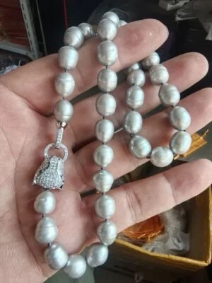 Auténtico Collar Grande 12-9mm Natural Gris BARROCO Perlas 18 Pulgadas 925 Foto 1 de 4