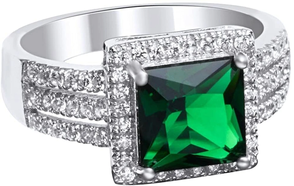 Princess Cut Simulated  Emerald &  Band Ring in 14K White Gold Plated - Image 1 of 1