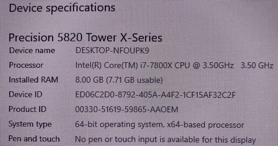 Dell Precision 5820 Tower X-Series (i7-7800X 3.5 GHz, 8gb 2400MHz RAM 1/8 slots - Image 1 of 1
