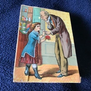 VICTORIAN PHARMACIST GIVING LITTLE GIRL MEDICINE, CARD - Picture 1 of 2