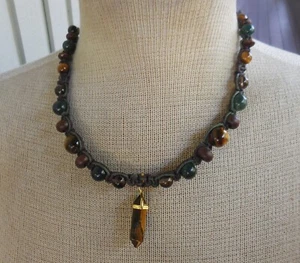 Tigers Eye Double Terminated Point Adjustable Hemp Necklace w Agate Smoky Quartz - Bild 1 von 7