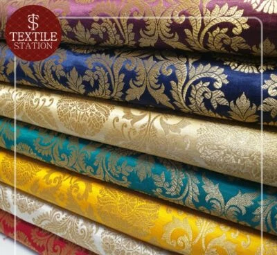 Brocade Ornamental Floral Fabric Gold Metallic Jacquard Craft Dress Material 44" - Image 1 of 4