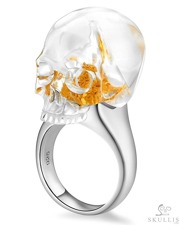 石英岩水晶手工雕刻水晶头骨戒指,925 银 — 第 1/4 张图片