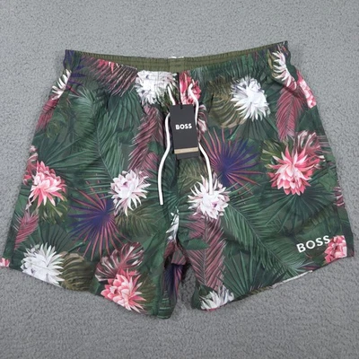 HUGO BOSS Swim Shorts Men's Medium 5" Turtle Lined Tropical Floral Print NEW $78 - Image 1 of 4