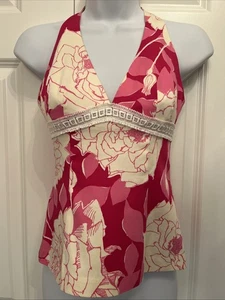Trina Turk Gr. 2 elegantes Neckholder Top rosa Blumen tailliert Baumwolle Stretch so hübsch! - Bild 1 von 8