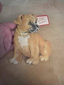 Vintage 1950er Grüße inkl. Hund gestanzte Geburtstagskarte für Papa Boxer Welpe unse - Bild 1 von 10