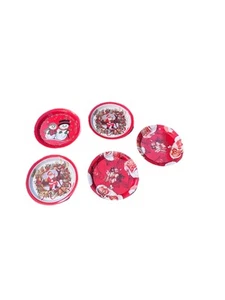 Vtg Set of 5 Holiday Christmas Metal Tin Coasters Snowman Santa 3.25 Inches - Imagen 1 de 6
