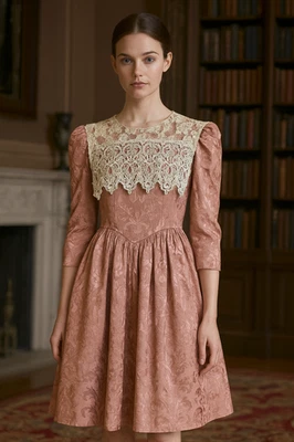Jessica McClintock Gunne Sax Pink Jacquard Dress Lace Twee Classic Whimsical - Image 1 of 4