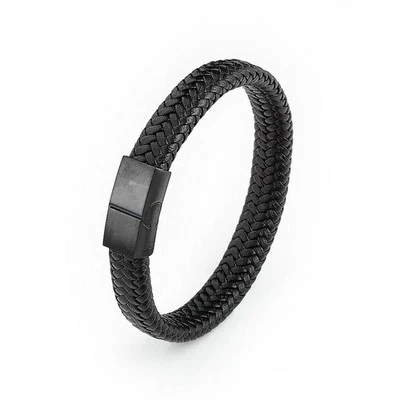 Pulsera de cuero genuino negro para hombre con bloqueo magnético de acero inoxidable Foto 1 de 3