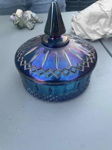 Vintage - Indiana blau irisierend Karneval Glas Deckel Bonboniere - Bild 1 von 1