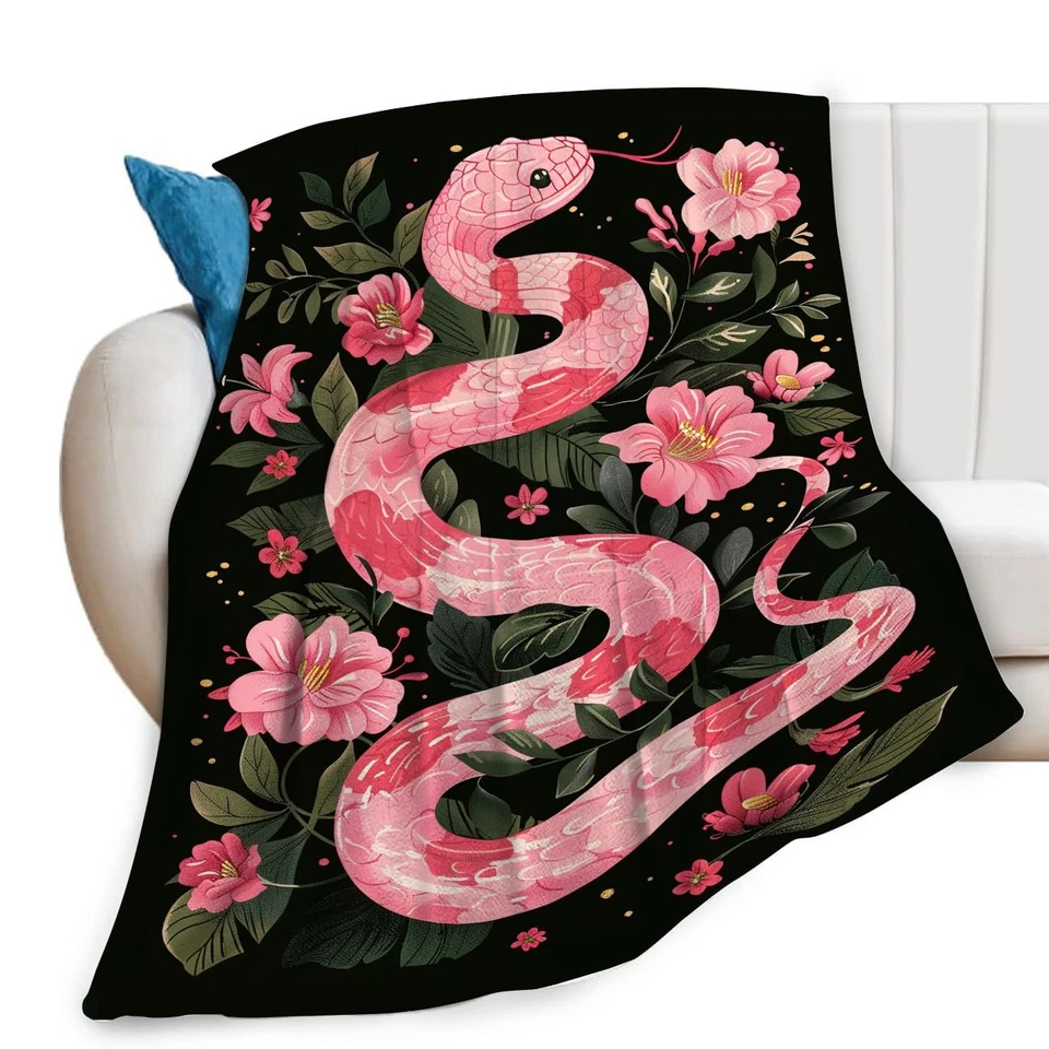 Snake Throw Blanket Pink Floral Animal Print Blankets Gifts Couch Sofa Bed St... - Image 1 of 4