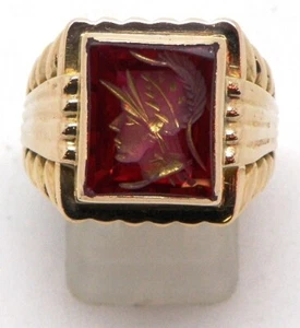 14k Yellow Gold Men's Intaglio Ruby Red Cubic Zirconia Ring - Picture 1 of 6