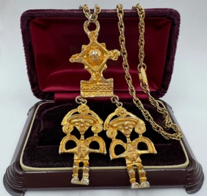 INKA MAYA SPACE ALIENS CREW CASTLECLIFF VINTAGE NECKLACE CHAIN PENDANT GOLD TONE - Picture 1 of 8