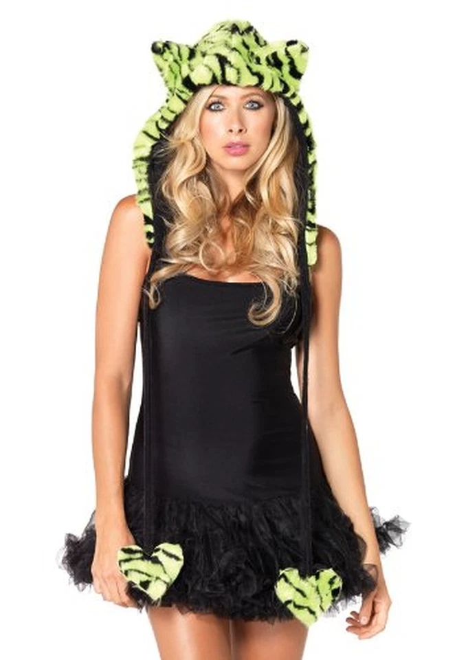 Plush Tiger Print Hood w/Fuzzy Heart Ties Adult Costume Accessory 2 COLORS - Image 1 of 1