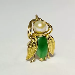 14K Yellow Gold Jade Pearl Bug Insect Tie Tack Pin 1.13g - Picture 1 of 6