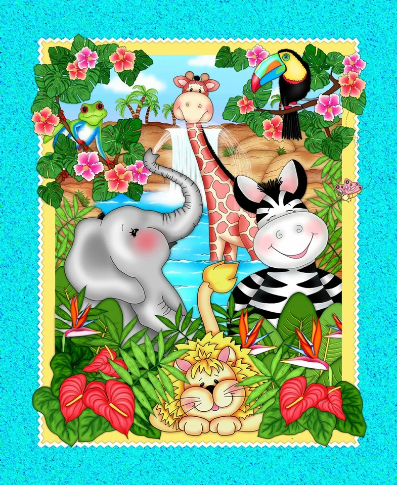 Bazooples Bazoople Animals Waterfall Cotton Fabric CP70707 Nursery 36" PANEL - Image 1 of 1