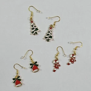 Set Of 3 Handcrafted Christmas Holiday Dangle Earrings Tree Candy Cane & Bell - Picture 1 of 7