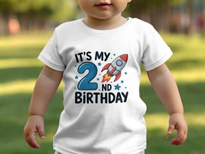 Boys 2nd Birthday T-Shirt White T-Shirt Rocket Ship Theme It's 2 Years Old Space - Picture 1 of 5