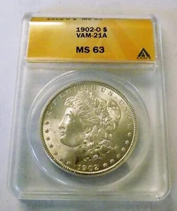 1902 O MORGAN DOLLAR VAM 21A 2 Olive Reverse, Die Gouge Wing ANACS MS63 - Picture 1 of 1