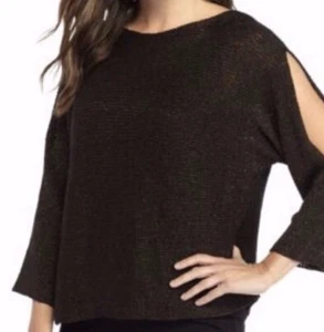 Eileen Fisher Cold Shoulder Knit Top Size M Brown Organic Linen Pullover - Picture 1 of 10