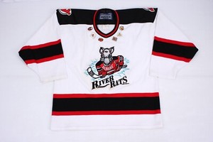 Vintage 90s AHL Albany River Rats Hockey Jersey Signed  w/ 6 Pinback Buttons