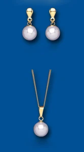 Pearl Set Yellow Gold Classic Pendant and Earrings Drops Hallmarked British Made - Picture 1 of 3