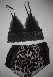 Shein black lace bralette & leopard satin & lace sleep shorts pj set S 80s - Picture 1 of 5