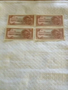 4 japanische Kriegsausgabe 50 Cent Banknoten unzirkuliert. 1 Lot von 4 Banknoten. - Bild 1 von 2