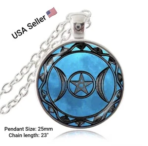 Triple Moon Goddess Pendant Pentagram Necklace Witch Jewelry Glass Dome Wiccan - Picture 1 of 5