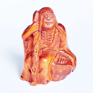 Y8958 - 2 Zoll handgeschnitztes Buchsbaum Netsuke: Kung u Mönch Pindola Bharadvaja - Bild 1 von 8