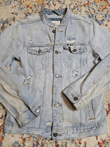 Hollister Distressed Denim Jean Trucker Jacket Vintage Style Button-Front Medium - Picture 1 of 8