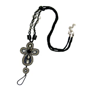 Vintage Trachten Halskette Gothic Kreuz Anhänger Strass Perlen geflochtenes Seil - Bild 1 von 3