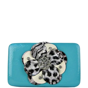 TURQUOISE LEOPARD FLOWER RHINESTONE BLING DISTRESSED BIFOLD THICK WALLET NEW - Picture 1 of 4