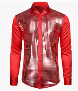 Men's Disco Party Costume Silver sequins long sleeve red buttom down size S ~ - Picture 1 of 4