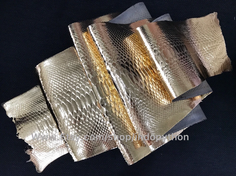 Genuine Python Leather, Exotic Snake Skin, Gold Leather, Gold Skin, Real Leather - Image 1 of 4