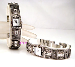 Deco Silver Vintage Genu Marcasite Statement Bracelet Watch w/ Swarovski Crystal - Picture 1 of 12