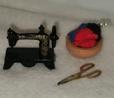 Vintage Dollhouse Furniture Lot Of 3 Pcs  Scissors * Singer Sewing * Yarn Basket - Image 1 of 3