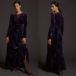 Anthropologie Blue Motif Burnout Velvet Maxi Dress Women’s 2 - Picture 1 of 12