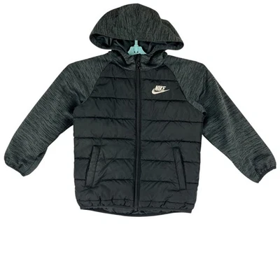 NIKE Boy Black Puffer Hybrid Hooded Jacket Sz 5 (4-5 Years) Full Zip Grey Sleeve - Image 1 of 4