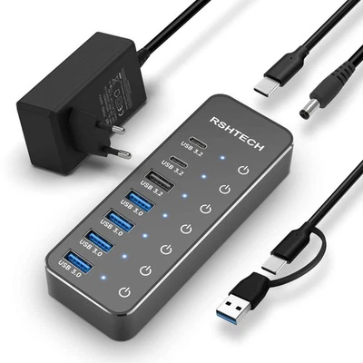 Hub USB 3.2 Alimentato RSHTECH Hub USB 3.2/C a 7 porte con 3*Porte Dati 10Gbps - Immagine 1 di 4
