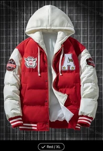 Men’s Heavyweight Hooded Jacket- Red & White Color block Baseball Size XL - Picture 1 of 4